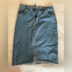 Topshop denim midi fishtail skirt in light wash